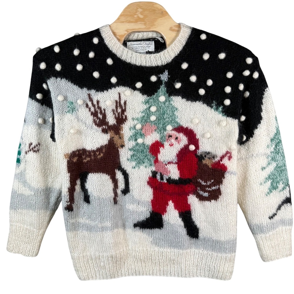 Samantha Taylor Santa‎ Reindeer Sweater Womens Medium Mohair Wool Knit Christmas